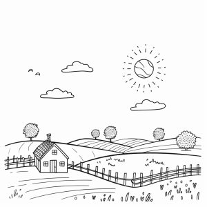 Agricultural landscape - Rural scenery with farmhouse to color in