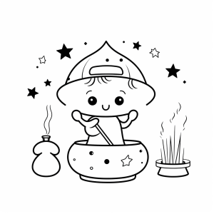 Cauldron - Coloring page: Little wizard and the magic cauldron