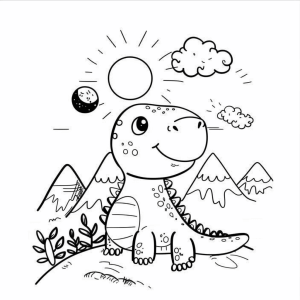 Dinosaurs in the sunset - Happy dinosaur at sunset coloring page