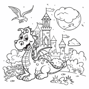 Dragons and medieval castles - Dragon and castle coloring picture