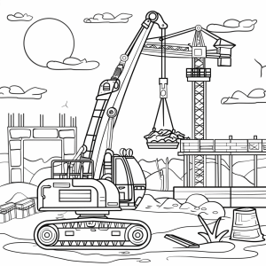 Excavator and sunset on the construction site - Excavator and sunset coloring page