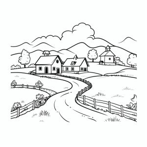 Farm landscape - Farm scenery coloring picture