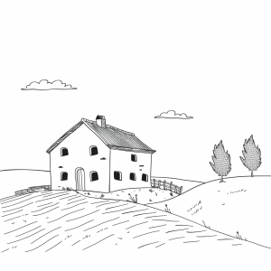 Farmhouse at dawn - Farm at dawn coloring page