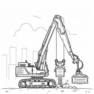 Hydraulic excavator during excavation work - Excavator adventure: coloring page of a hydraulic excavator