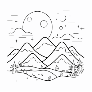 Lunar landscape - Lunar landscape coloring page: Mountains at night