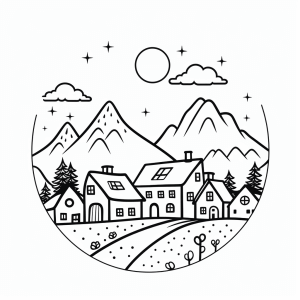 Lunar landscape - Moon night mountain house coloring picture