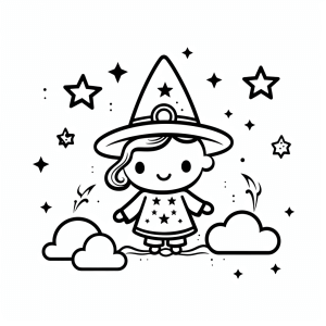 Magic trick - Little sorceress with stars coloring page