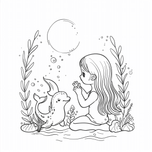 Mermaid and the little dolphin - Mermaid and dolphin coloring page