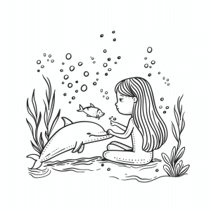 Mermaid and the little dolphin - Mermaid and dolphin coloring page