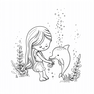 Mermaid with her dolphin - Mermaid and dolphin coloring page