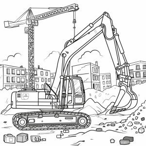 Mobile excavator on the road construction site - Mobile excavator on the construction site coloring picture