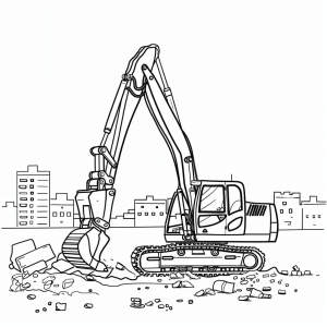 Mobile excavator on the road construction site - Mobile excavator on the construction site coloring picture