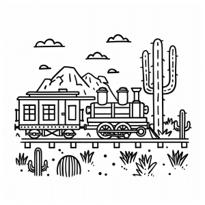 Old western train - Steam locomotive on the prairie - coloring page