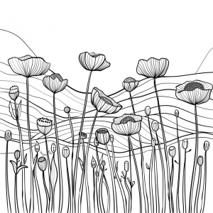 Poppies and field landscape - Picturesque poppies field landscape coloring picture