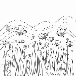 Poppies and field landscape - Poppies field landscape coloring picture