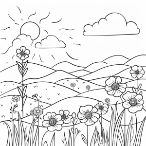 Poppies and field landscape - Colorful poppies field landscape to color in