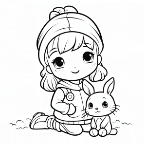 Rabbit - Cute girl and bunny coloring picture