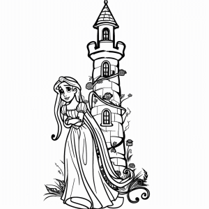 Rapunzel and the tower - Rapunzel and her fairytale tower to color in