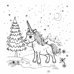 Snow unicorn in a winter landscape - Winter unicorn coloring adventure