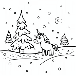 Snow unicorn in a winter landscape - Magical snow unicorn coloring picture