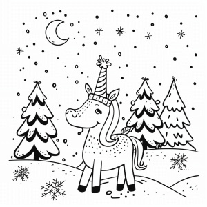 Snow unicorn in a winter landscape - Winter unicorn coloring fun