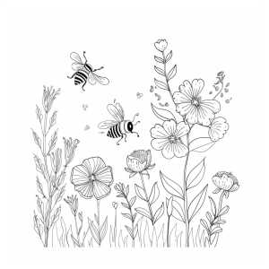 Spring blossoms and bees - Cheerful spring flowers with bees coloring page