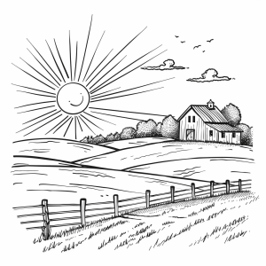 Stable work at sunrise - Sunrise stable work coloring page