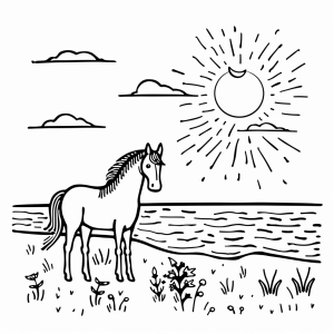 Stable work at sunrise - Coloring page Sunrise with horse