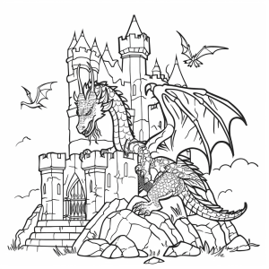 Stone dragon in the ruins - Mystical dragon in ruins coloring page