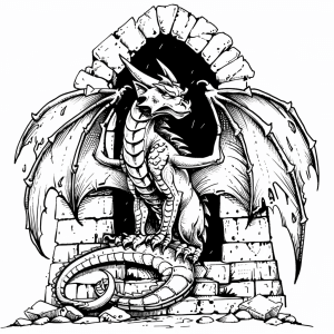 Stone dragon in the ruins - Mystical stone dragon in ruins to color in