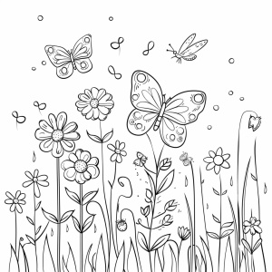 Summer flowers and butterflies - Summer meadow coloring page: flowers & butterflies