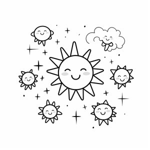 Sunbeams - Bright sun and smiling clouds coloring picture