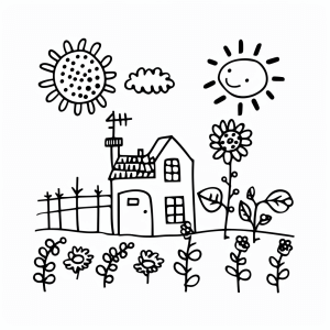 Sunflower field on the farm - Farm with sunflowers coloring picture