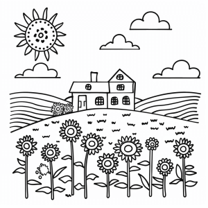 Sunflower field on the farm - Sunflower field farm coloring page