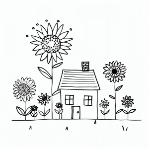 Sunflower field on the farm - Farmhouse surrounded by sunflowers coloring picture