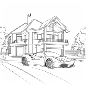 Super sports car and luxury villa - Luxury cars and villa dreams to color in