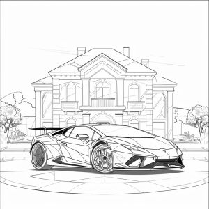 Super sports car and luxury villa - Super sports car in front of a villa to color in