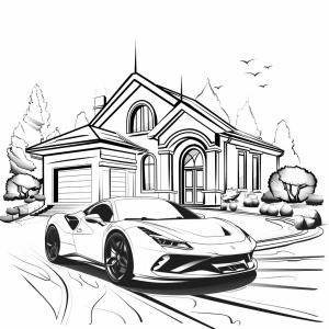 Super sports car and luxury villa - Super sports car and villa: coloring picture for children