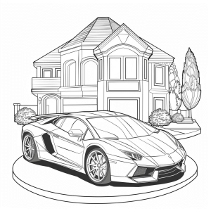 Super sports car and luxury villa - Super sports car in front of luxury villa - coloring page for kids