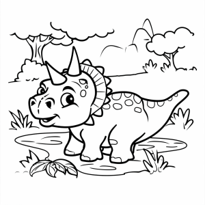 Triceratops at the waterhole - Happy triceratops at the waterhole coloring picture