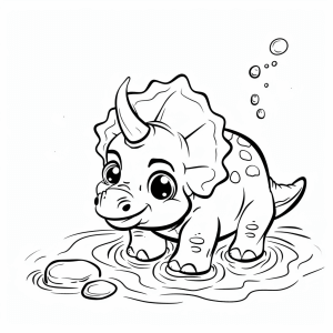 Triceratops at the waterhole - Triceratops splashes happily: Coloring page for children