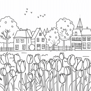 Tulip field in Holland - Holland tulip field coloring page