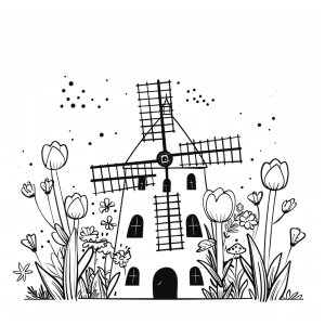 Tulip field in Holland - Tulip field with windmill coloring page