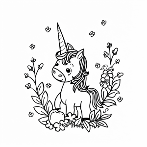 Unicorn and blossoming cherry tree - Enchanting unicorn in a sea of flowers coloring page