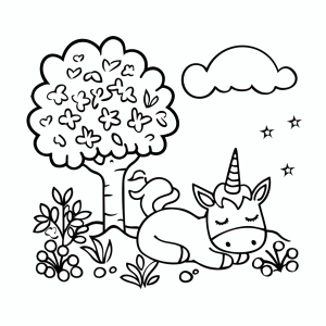 Unicorn and blossoming cherry tree - Unicorn & cherry blossoms coloring page