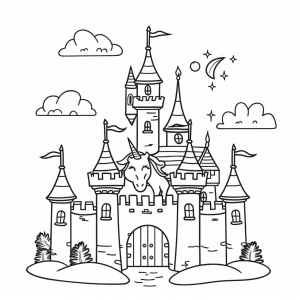 Unicorn and castle - Magical unicorn castle coloring page