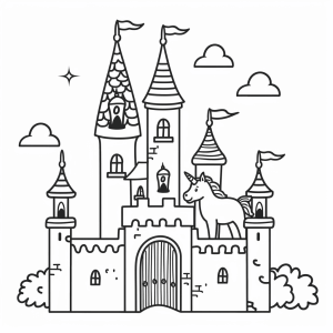 Unicorn and castle - Unicorn in front of a fairytale castle coloring page