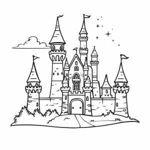 Unicorn and castle - Fairytale castle and unicorn coloring page