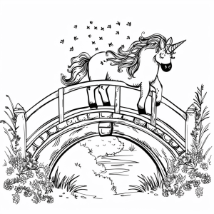 Unicorn and enchanted bridge - Unicorn on the magic bridge coloring page