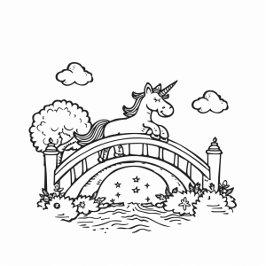 Unicorn and enchanted bridge - Magical unicorn on rainbow bridge coloring page